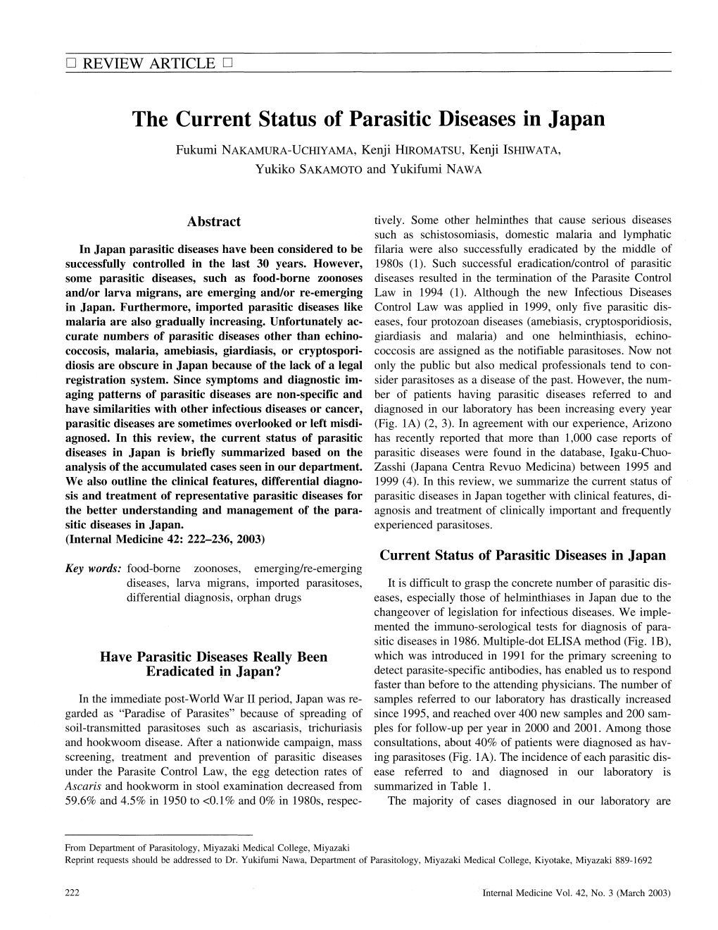 Thecurrent Status of Parasitic Diseases in Japan