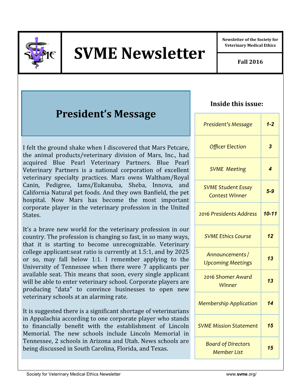 SVME Newsletter Fall 2016