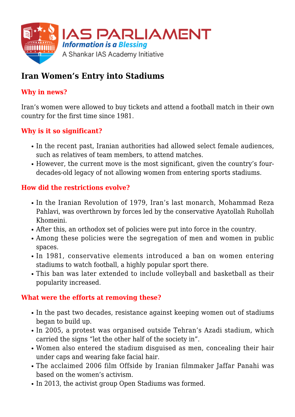 Iran Women's Entry Into Stadiums
