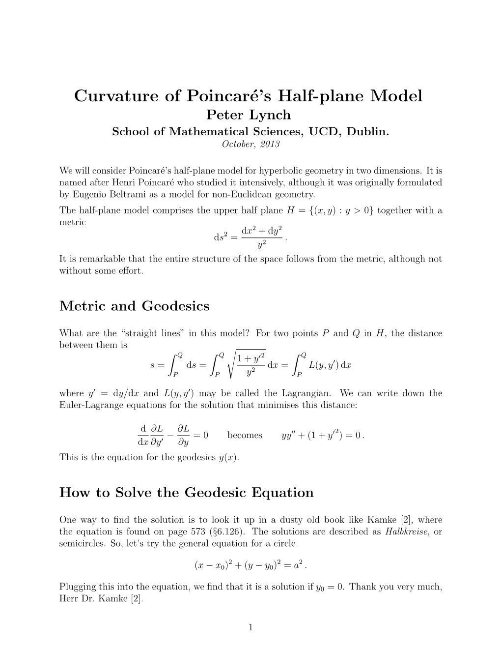 Curvature of Poincaré's Half-Plane Model