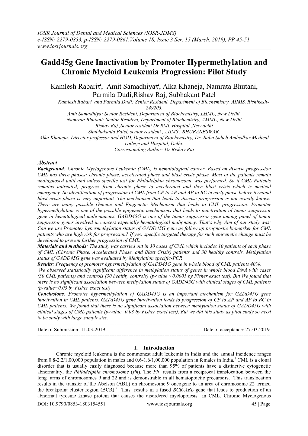 Gadd45g Gene Inactivation by Promoter Hypermethylation and Chronic Myeloid Leukemia Progression: Pilot Study