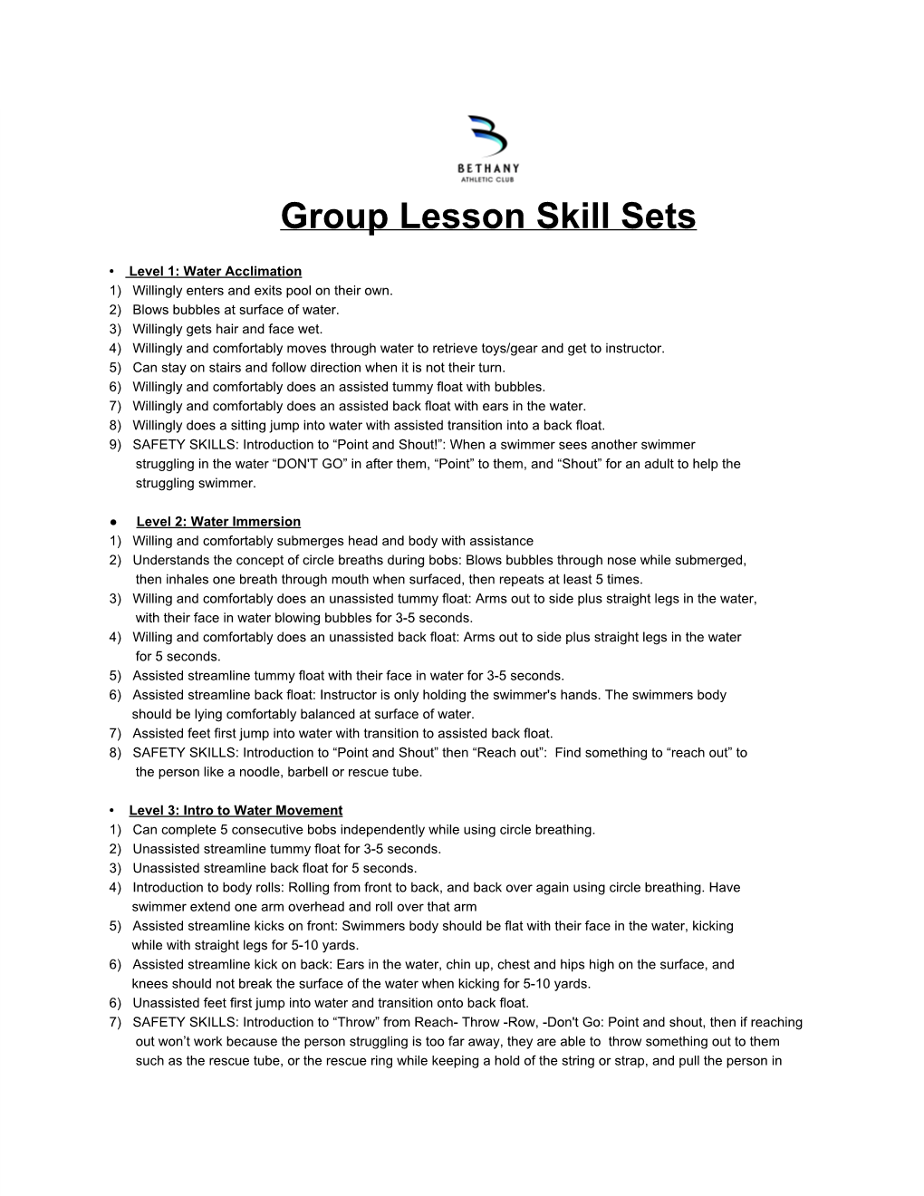 Group Lesson Skill Sets