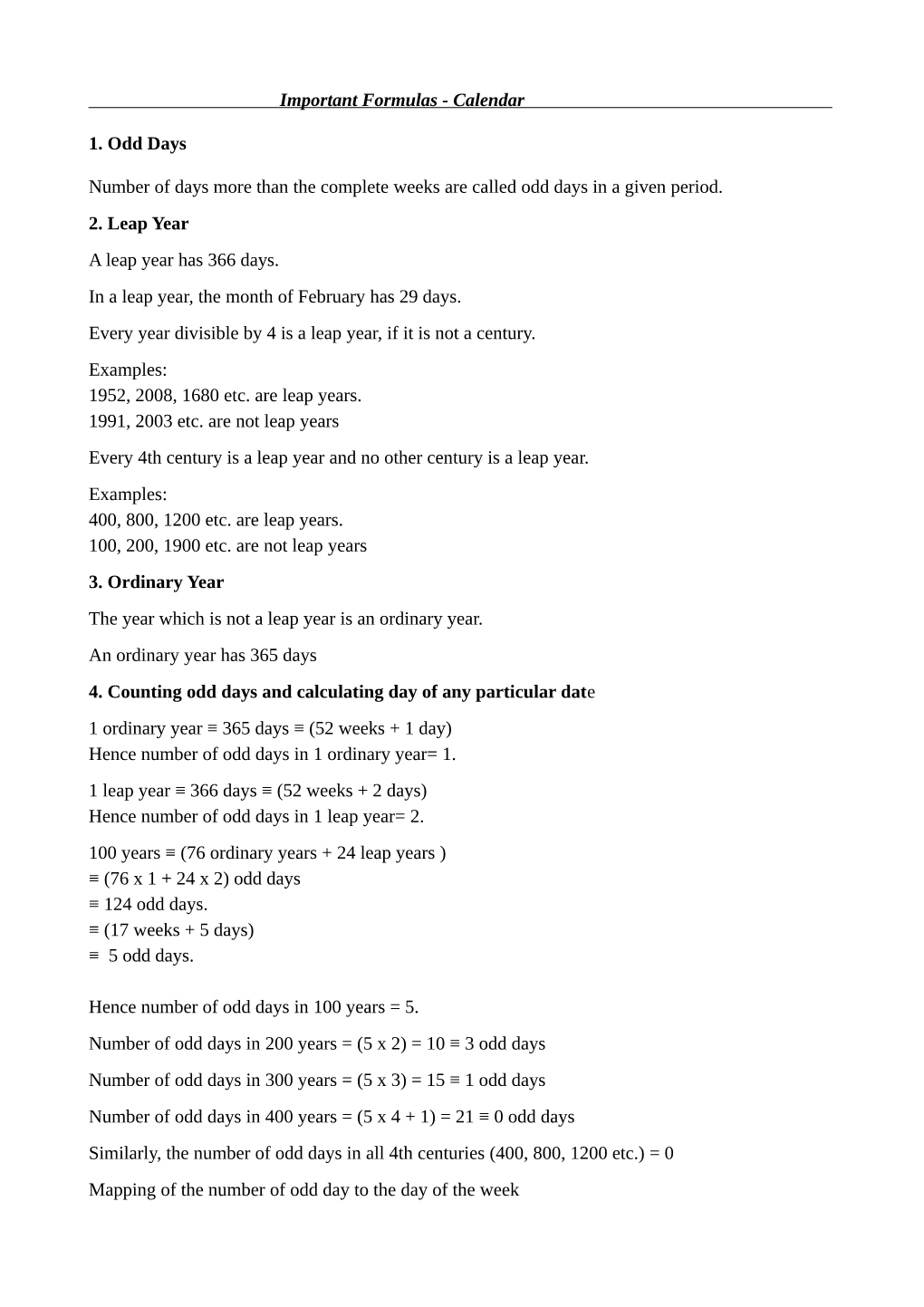 Important Formulas - Calendar