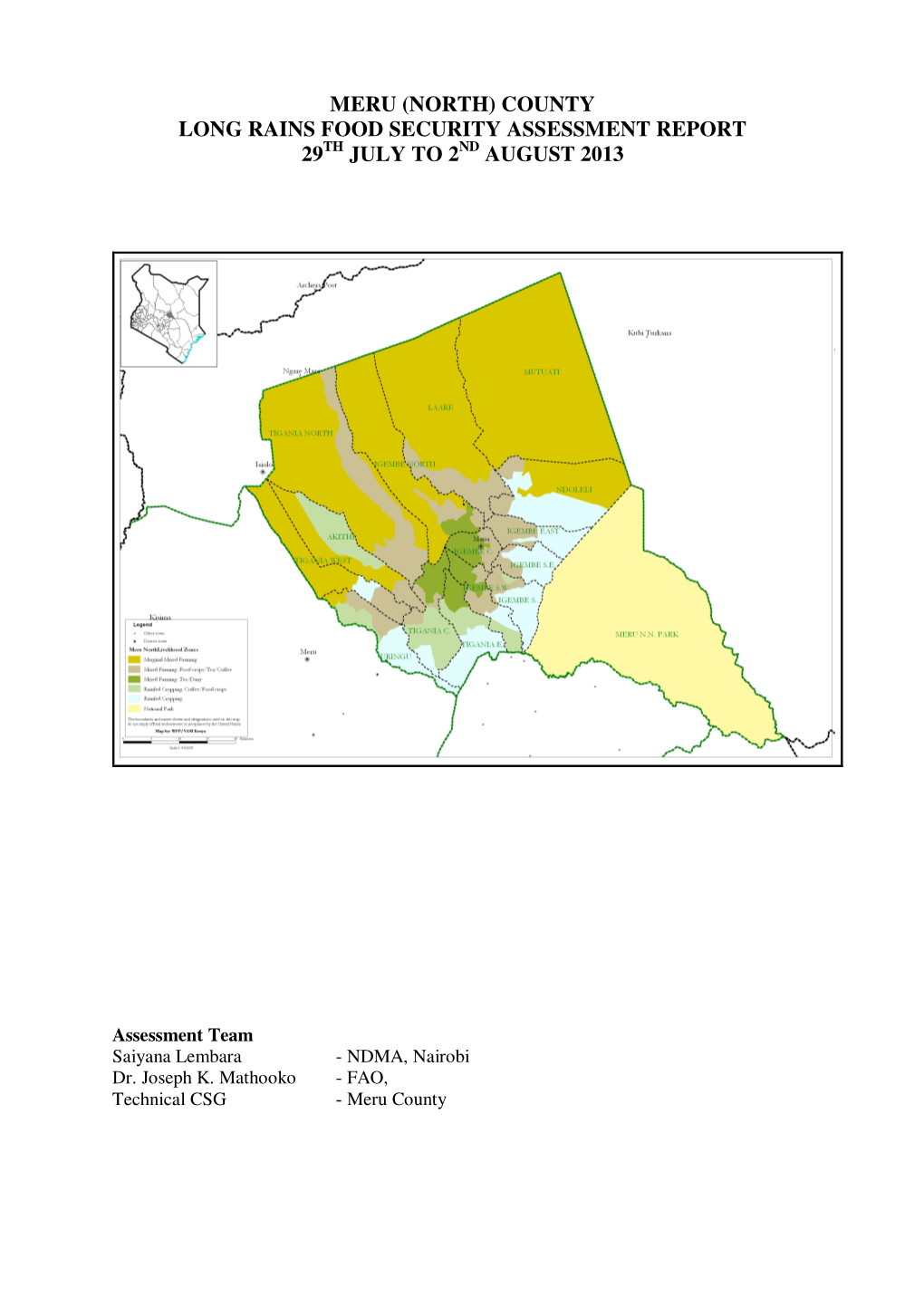Meru (North) County Long Rains Food Security Assessment Report 29 Th July to 2 Nd August 2013