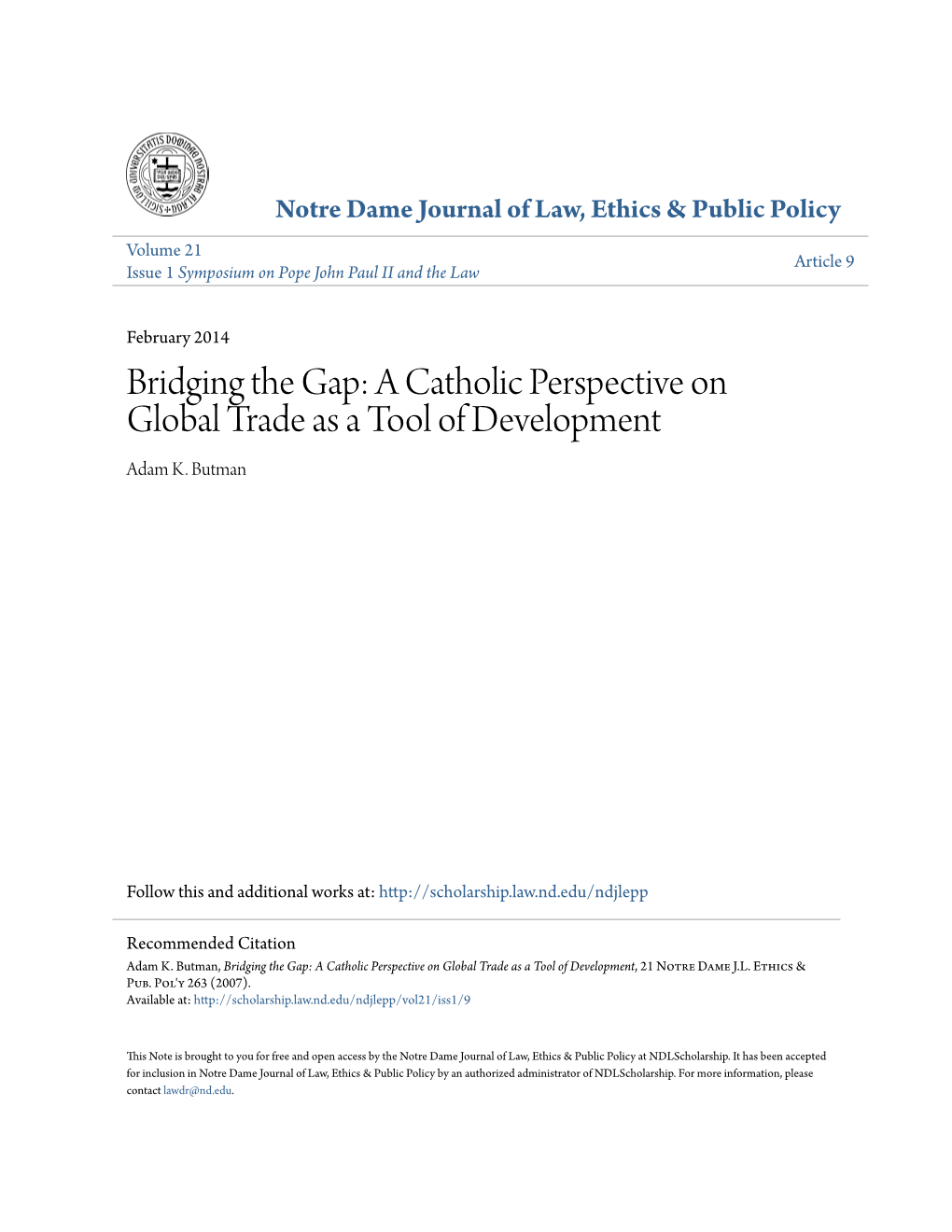 A Catholic Perspective on Global Trade As a Tool of Development Adam K