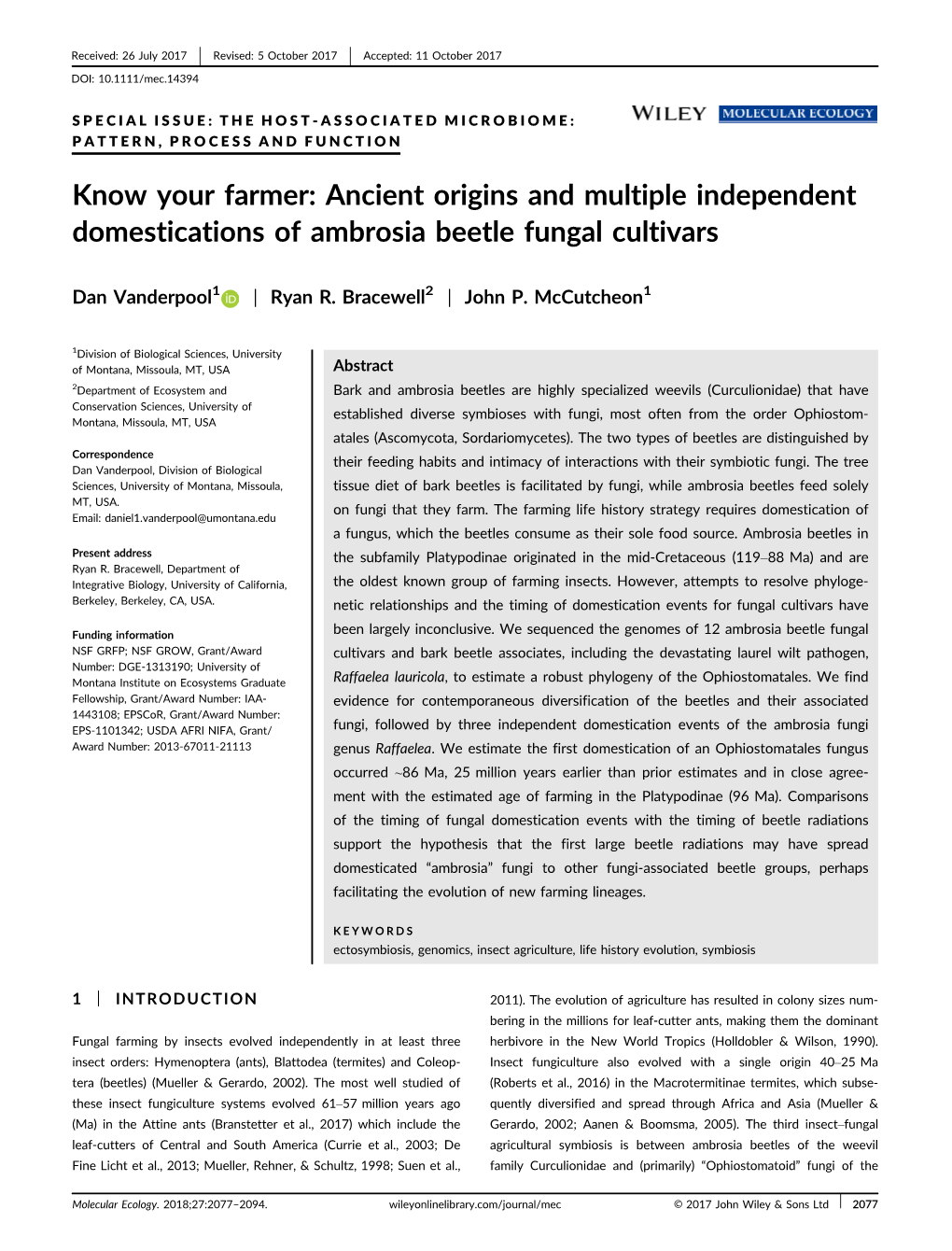 Know Your Farmer: Ancient Origins and Multiple Independent Domestications of Ambrosia Beetle Fungal Cultivars
