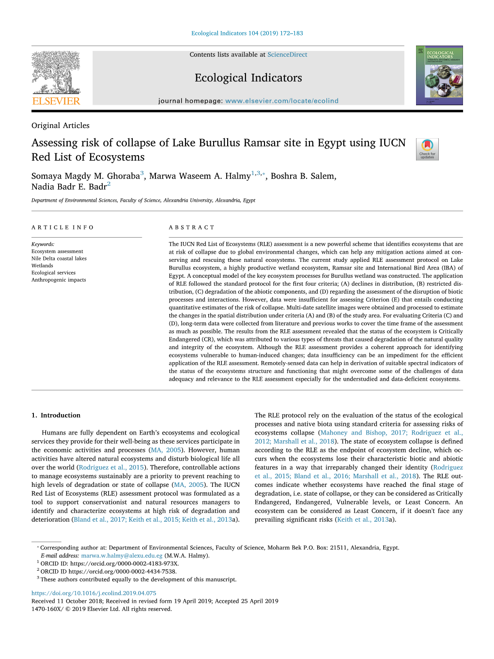 Assessing Risk of Collapse of Lake Burullus Ramsar Site in Egypt Using IUCN Red List of Ecosystems T ⁎ Somaya Magdy M