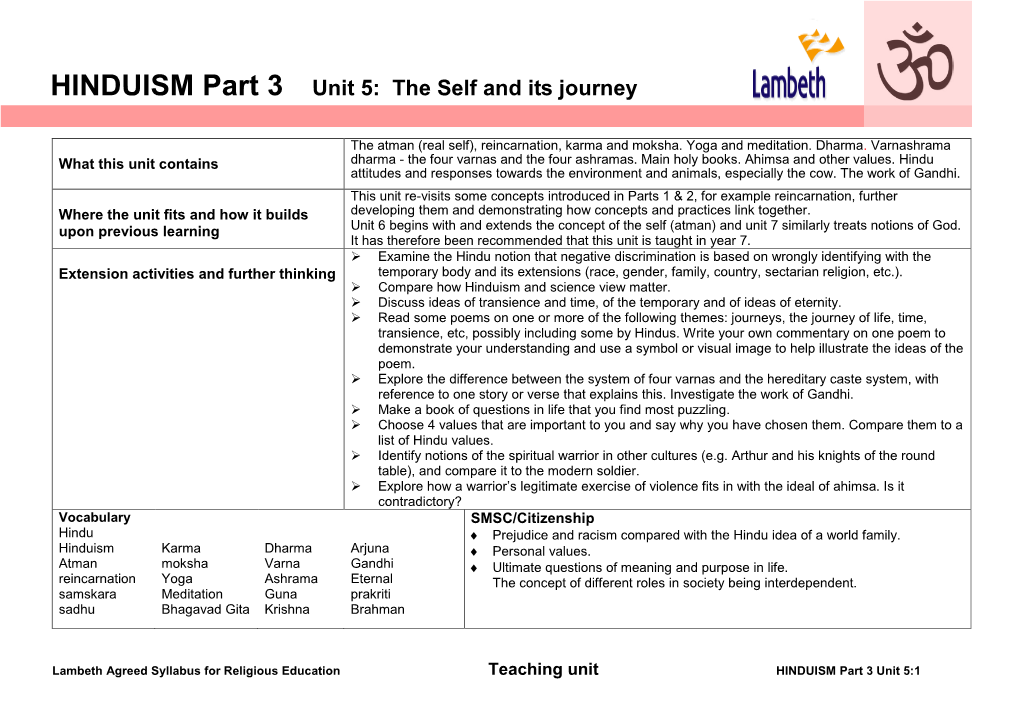 HINDUISM Part 3 Unit 5: the Self and Its Journey