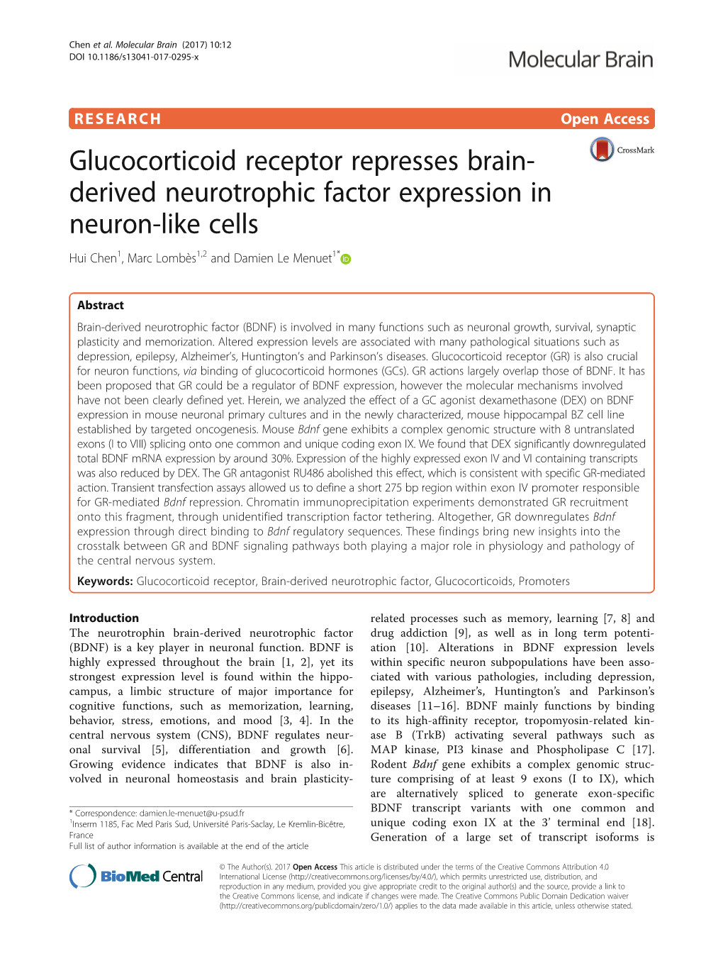 Glucocorticoid Receptor Represses Brain-Derived Neurotrophic Factor