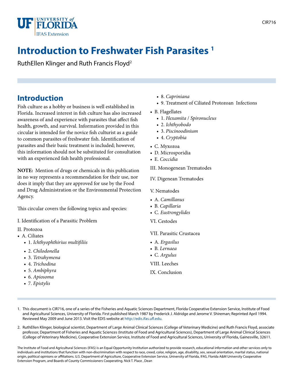 Introduction to Freshwater Fish Parasites 1 Ruthellen Klinger and Ruth Francis Floyd2