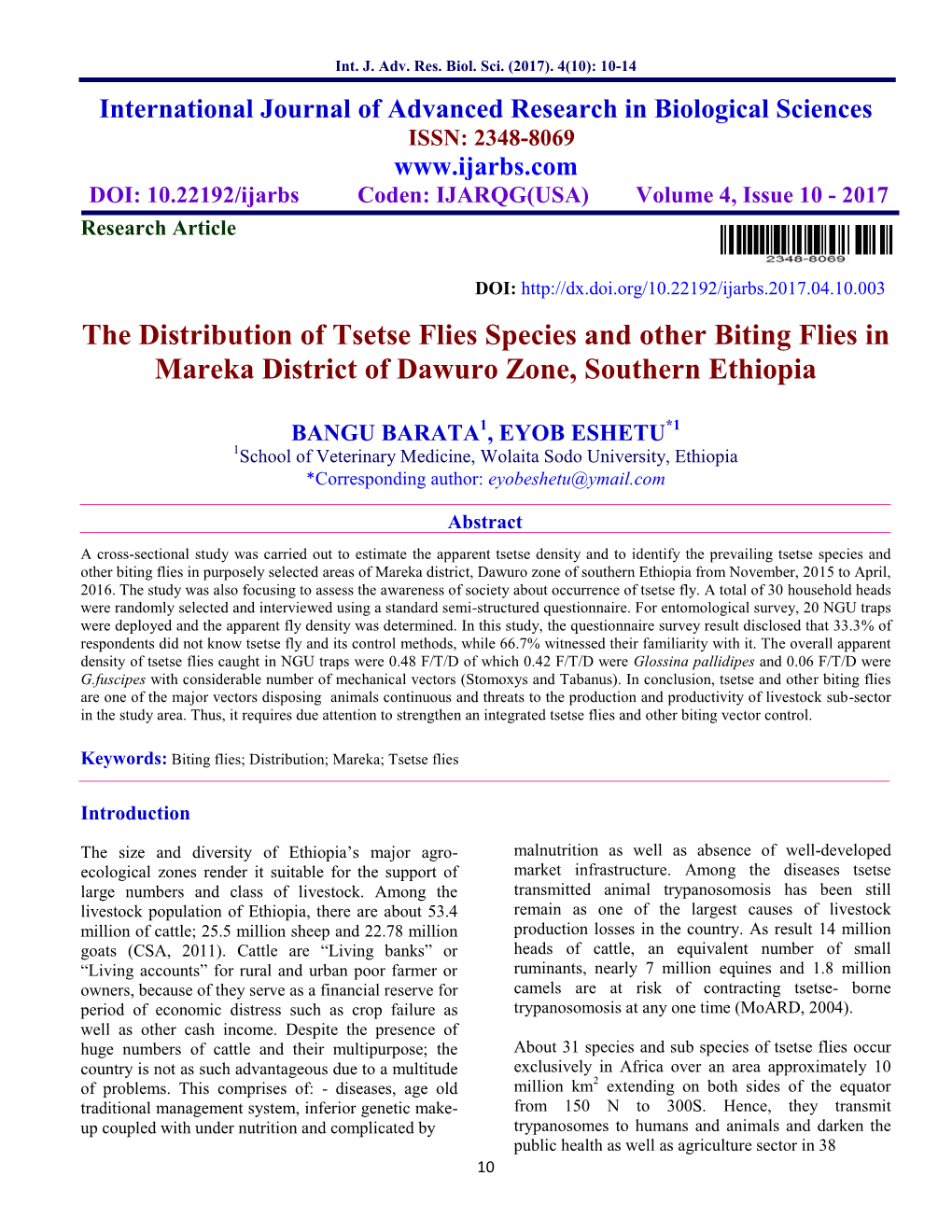 The Distribution of Tsetse Flies Species and Other Biting Flies in Mareka District of Dawuro Zone, Southern Ethiopia