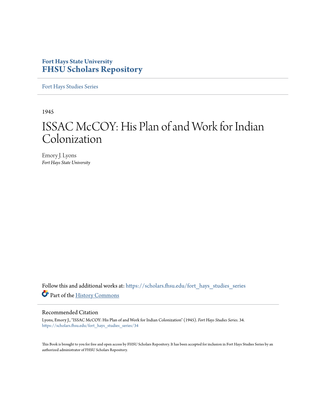 ISSAC Mccoy: His Plan of and Work for Indian Colonization Emory J