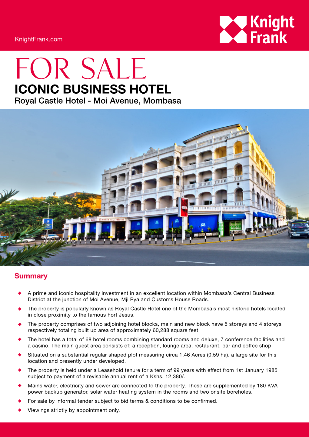 FOR SALE ICONIC BUSINESS HOTEL Royal Castle Hotel - Moi Avenue, Mombasa