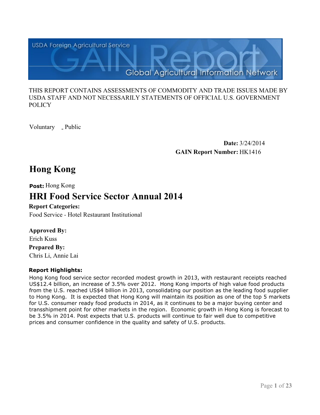 HRI Food Service Sector Annual 2014 Hong Kong
