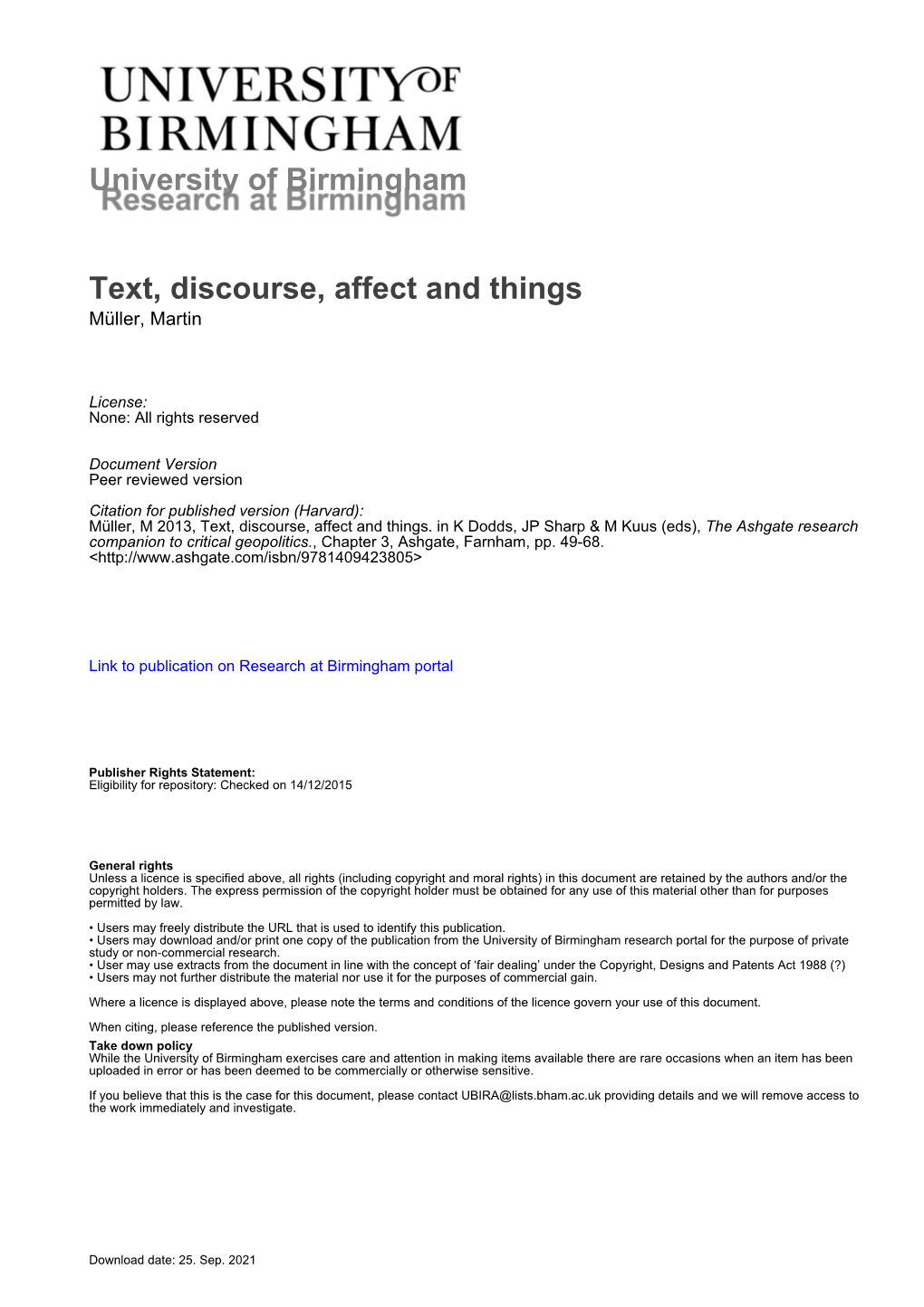 University of Birmingham Text, Discourse, Affect and Things