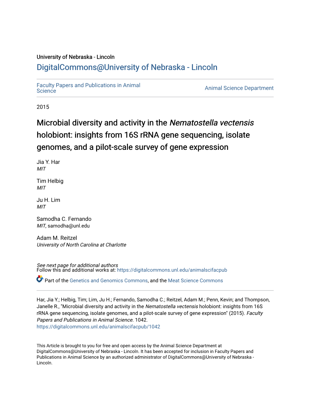 Microbial Diversity and Activity in the &lt;I&gt;Nematostella Vectensis&lt;/I