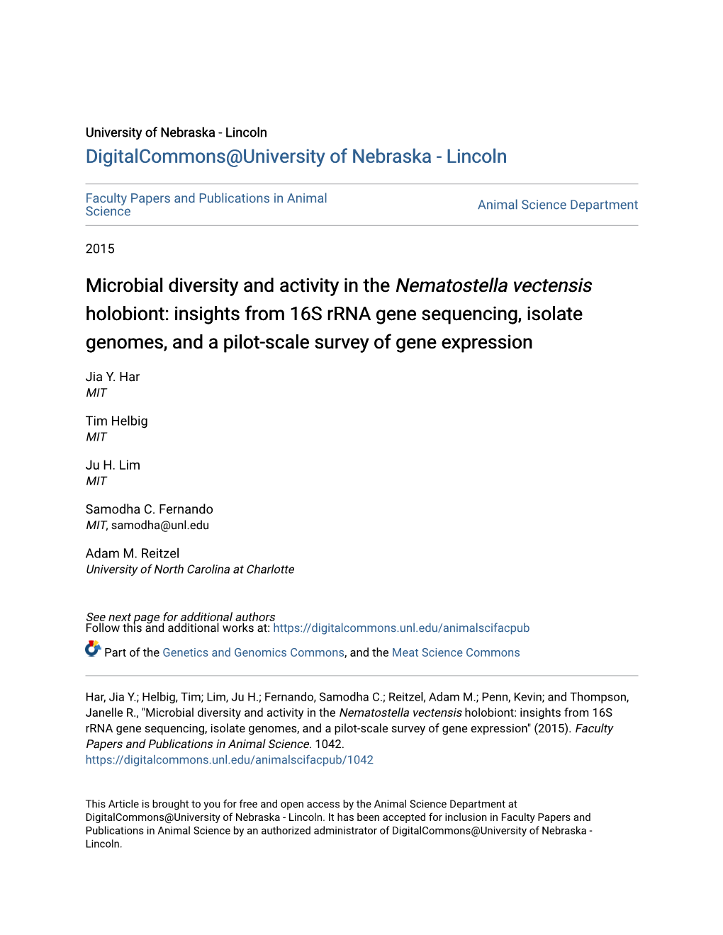 Microbial Diversity and Activity in the <I>Nematostella Vectensis</I