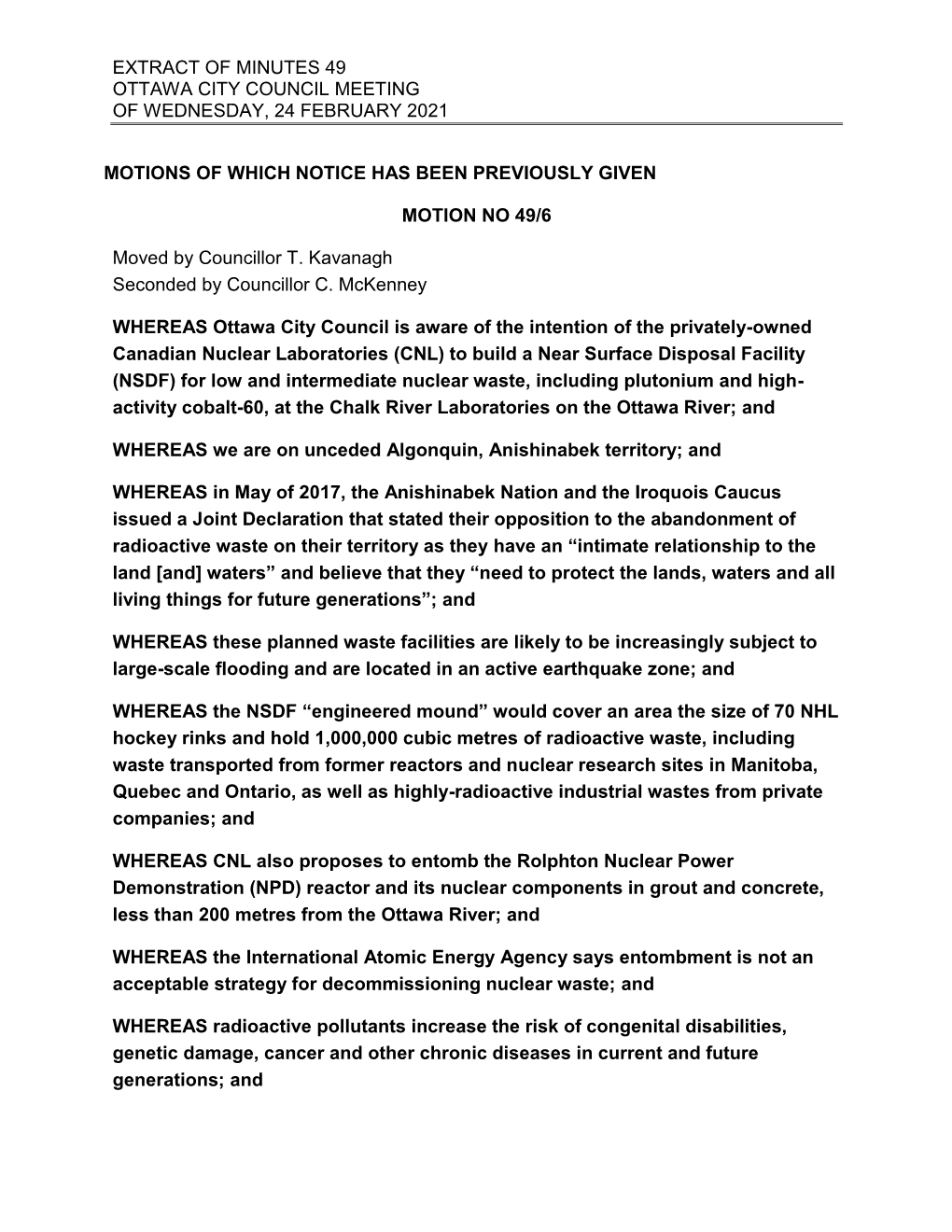 Extract of Minutes 49 Ottawa City Council Meeting of Wednesday, 24 February 2021 Motions of Which Notice Has Been Previously