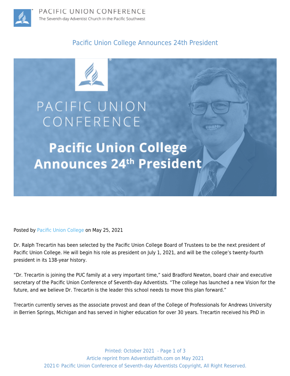 Pacific Union College Announces 24Th President