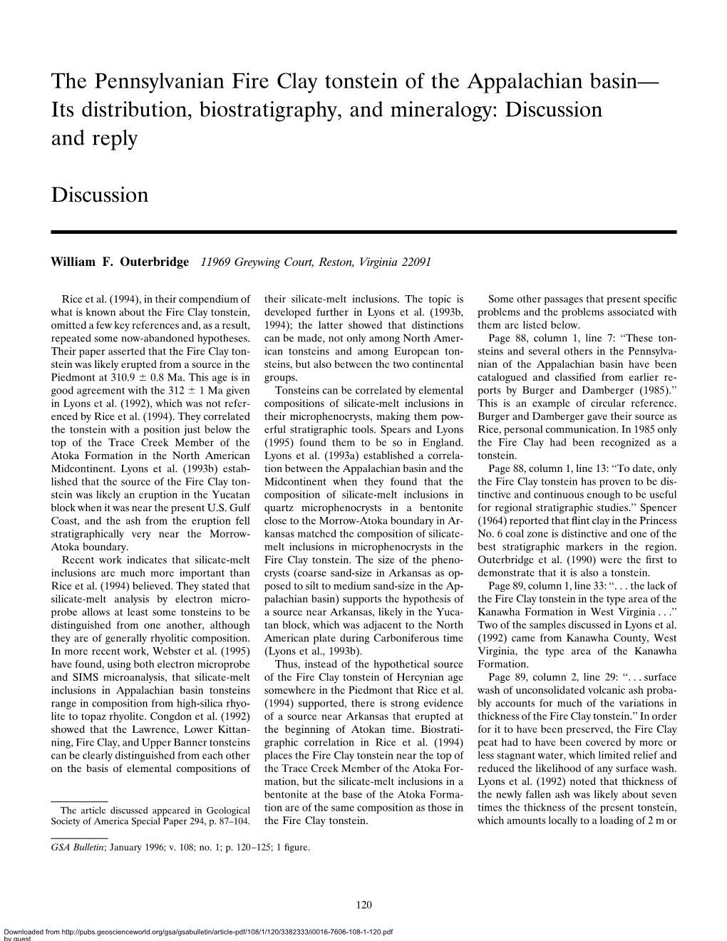 The Pennsylvanian Fire Clay Tonstein of the Appalachian Basin— Its Distribution, Biostratigraphy, and Mineralogy: Discussion and Reply