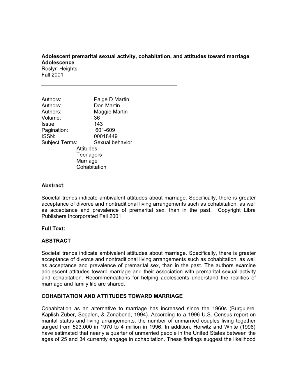 Adolescent Premarital Sexual Activity, Cohabitation, and Attitudes Toward Marriage Adolescence