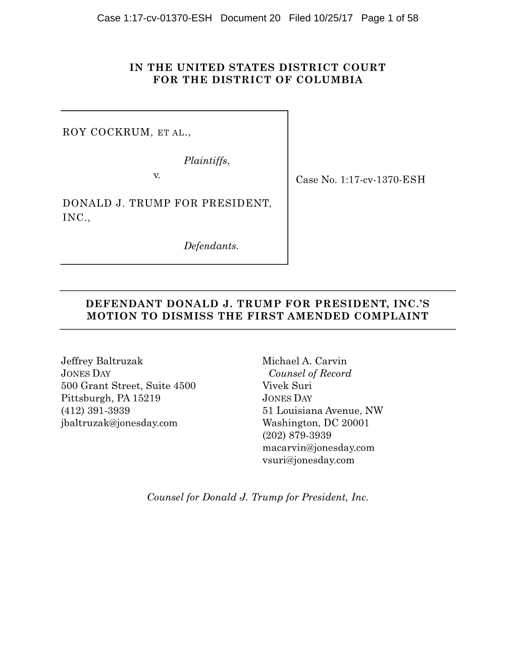 Case 1:17-Cv-01370-ESH Document 20 Filed 10/25/17 Page 1 of 58