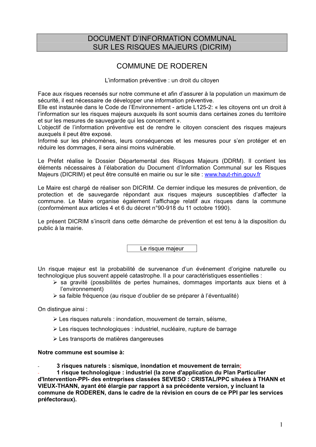 Document D'information Communal Sur Les Risques Majeurs (Dicrim) Commune De Roderen