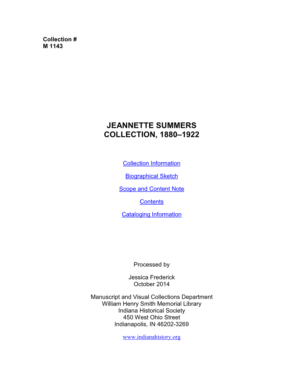 Jeannette Summers Collection, 1880–1922