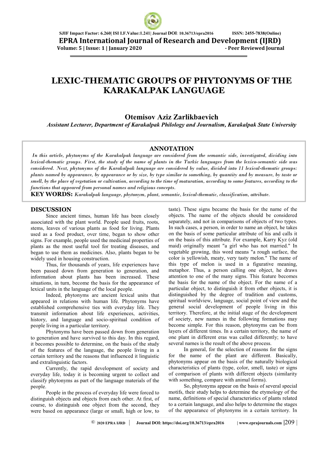Lexic-Thematic Groups of Phytonyms of the Karakalpak Language