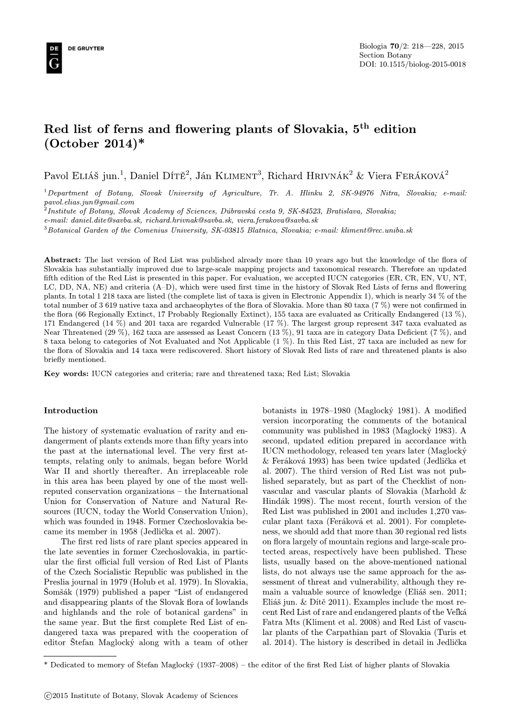 Red List of Ferns and Flowering Plants of Slovakia, 5Th Edition