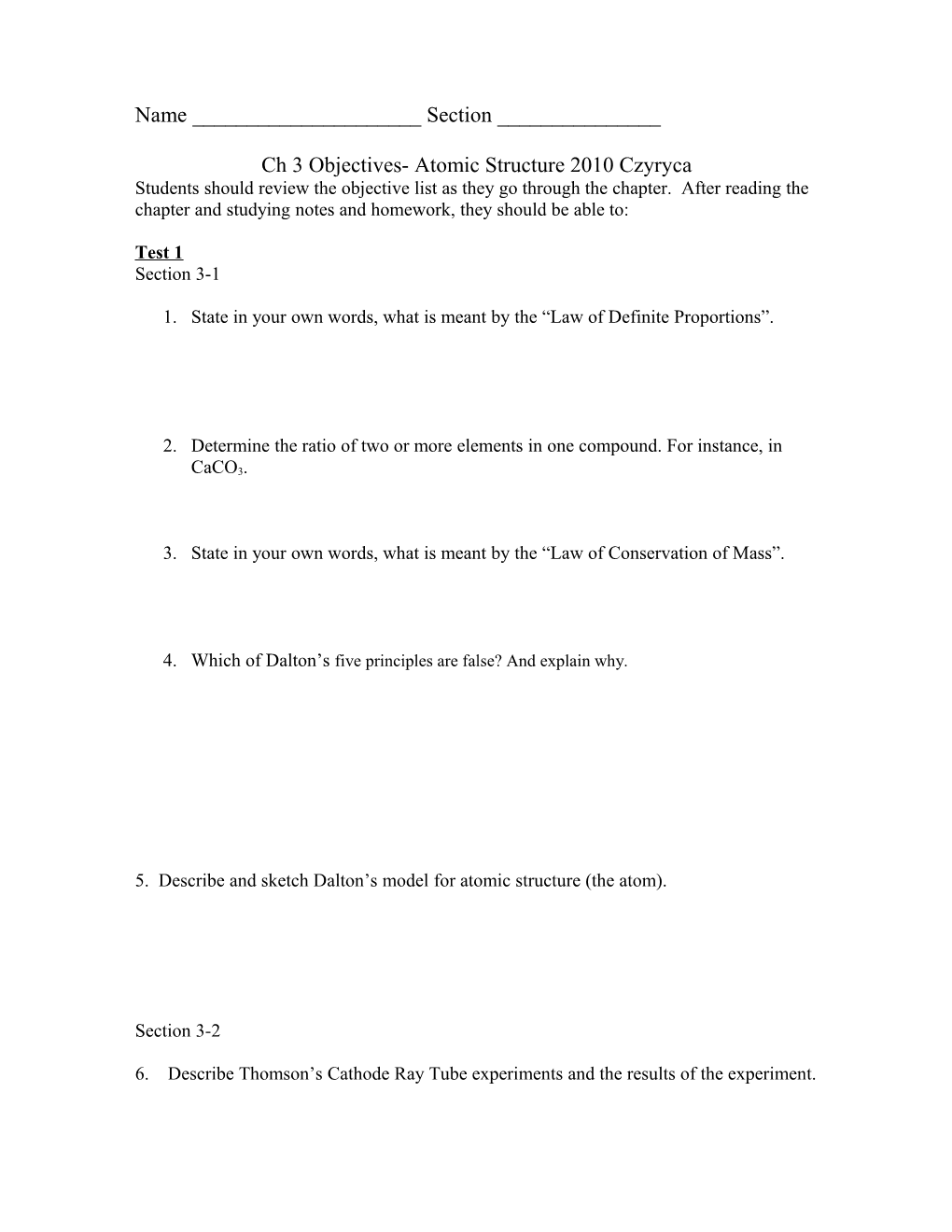 Ch 3 Objectives- Atomic Structure 2010 Czyryca