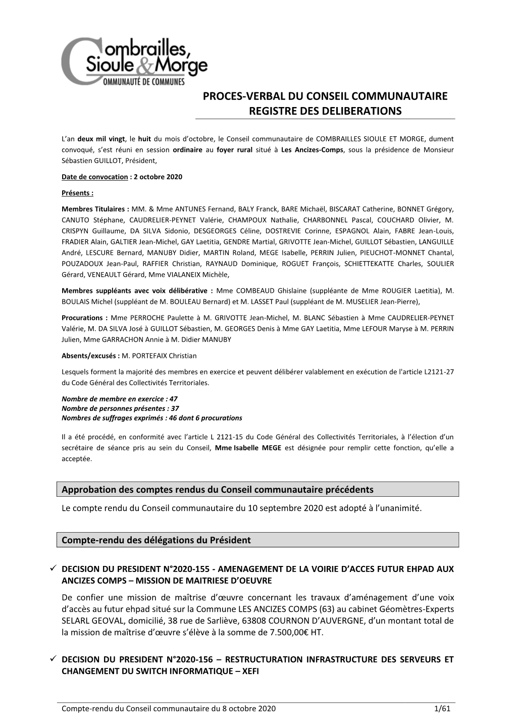 Proces-Verbal Du Conseil Communautaire Registre Des Deliberations