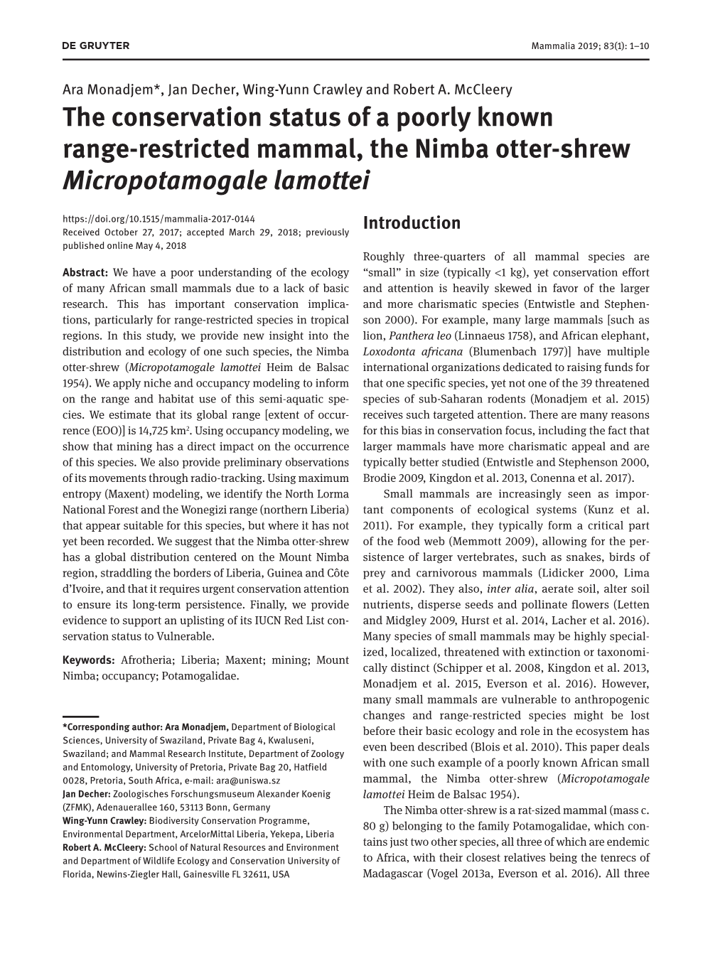 The Conservation Status of a Poorly Known Range-Restricted Mammal, the Nimba Otter-Shrew Micropotamogale Lamottei