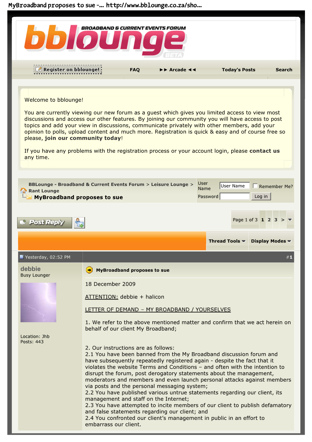 Debbie Mybroadband Proposes to Sue