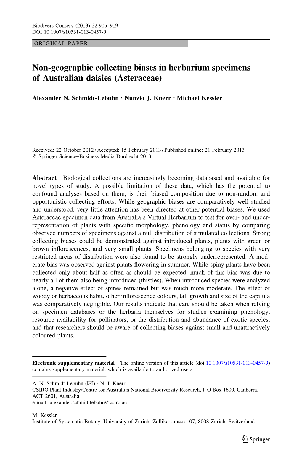 Non-Geographic Collecting Biases in Herbarium Specimens of Australian Daisies (Asteraceae)