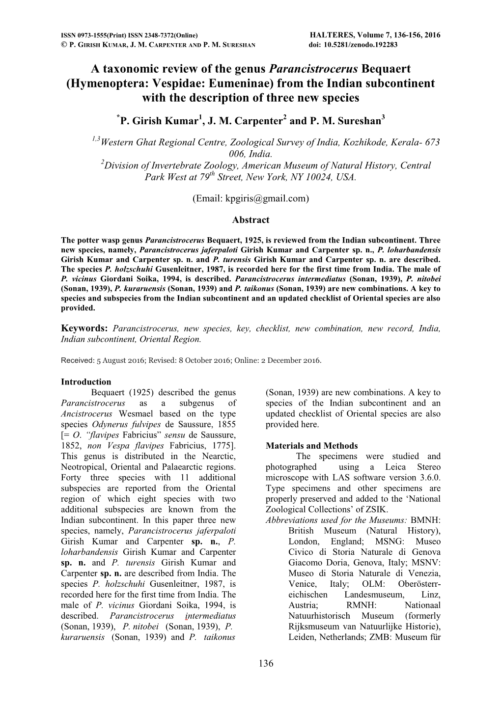 A Taxonomic Review of the Genus Parancistrocerus Bequaert (Hymenoptera: Vespidae: Eumeninae) from the Indian Subcontinent with the Description of Three New Species