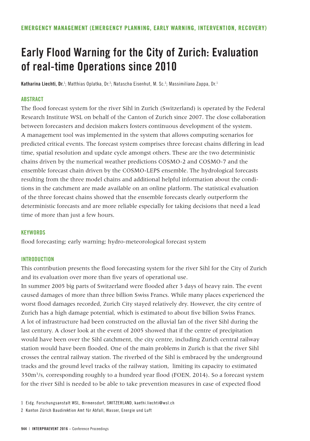 Early Flood Warning for the City of Zurich: Evaluation of Real-Time Operations Since 2010