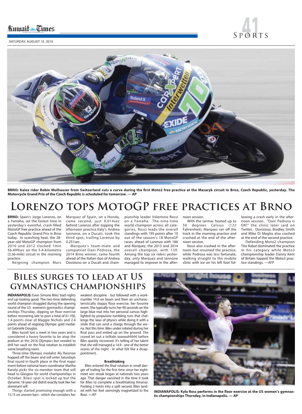 Lorenzo Tops Motogp Free Practices at Brno