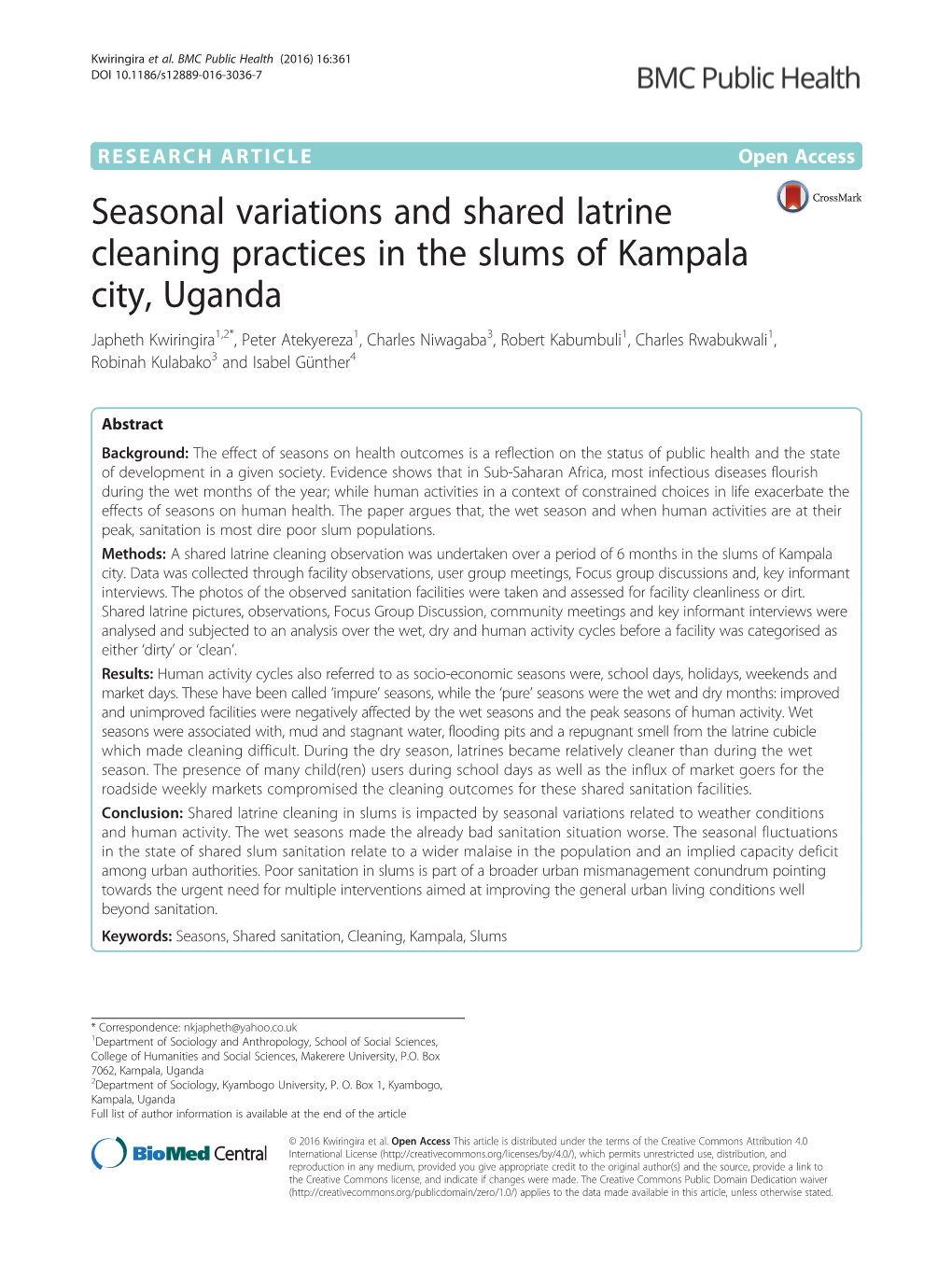 Seasonal Variations and Shared Latrine Cleaning Practices in The