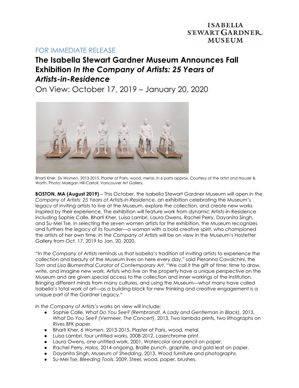 The Isabella Stewart Gardner Museum Announces Fall Exhibition ​In the Company of Artists: 25 Years of Artists-In-Residence