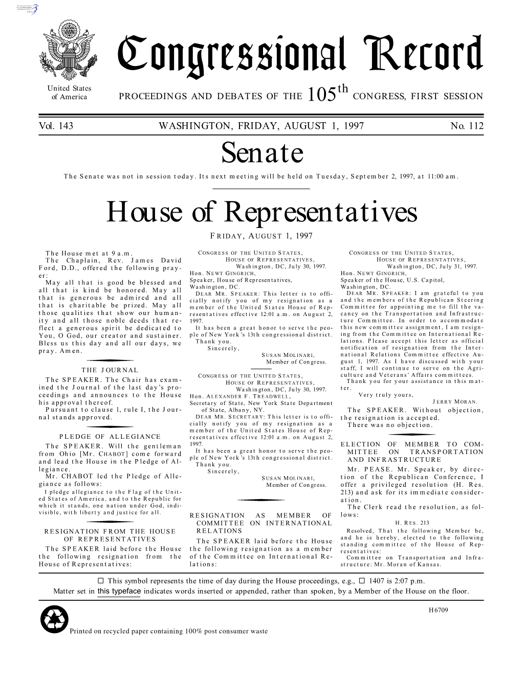 Congressional Record United States Th of America PROCEEDINGS and DEBATES of the 105 CONGRESS, FIRST SESSION