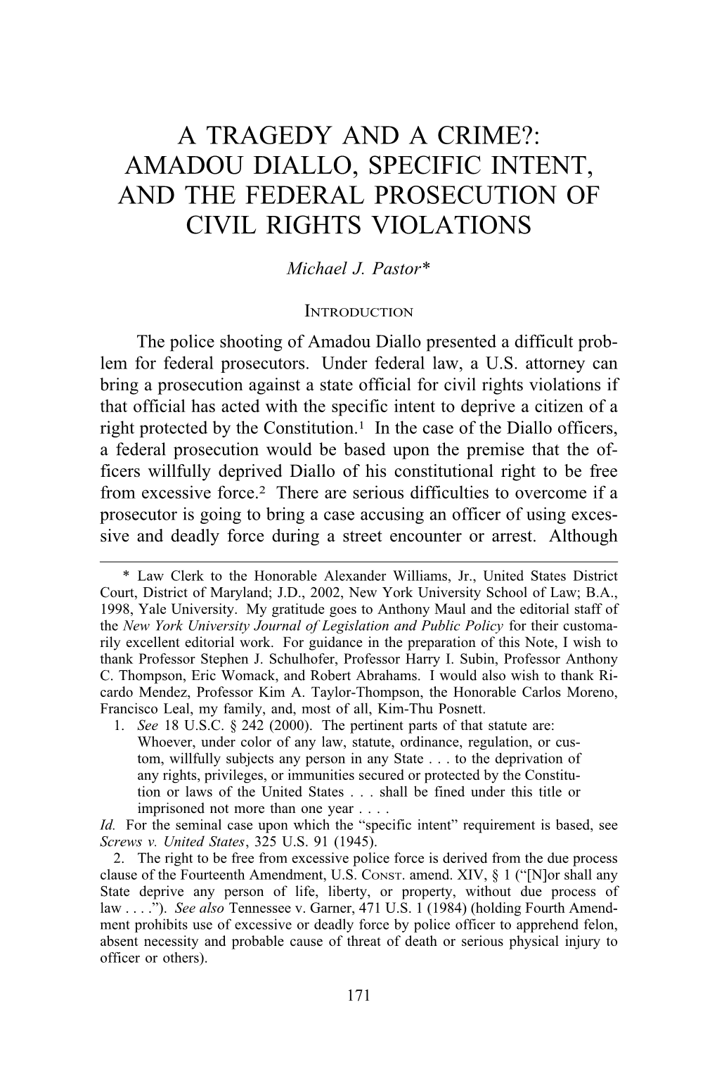 A Tragedy and a Crime?: Amadou Diallo, Specific Intent, and the Federal Prosecution of Civil Rights Violations