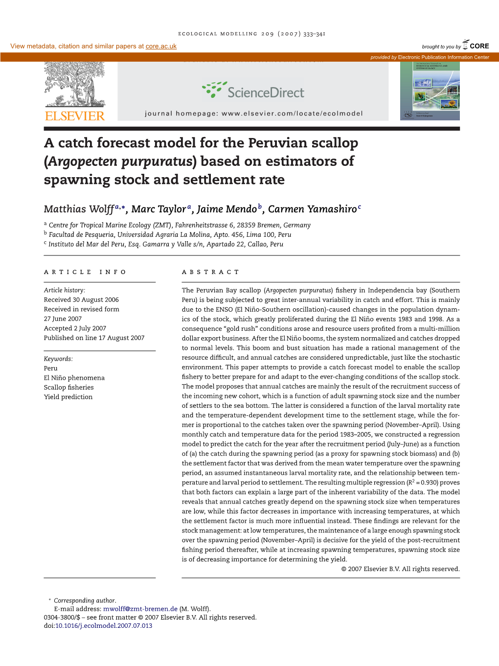 Argopecten Purpuratus) Based on Estimators of Spawning Stock and Settlement Rate