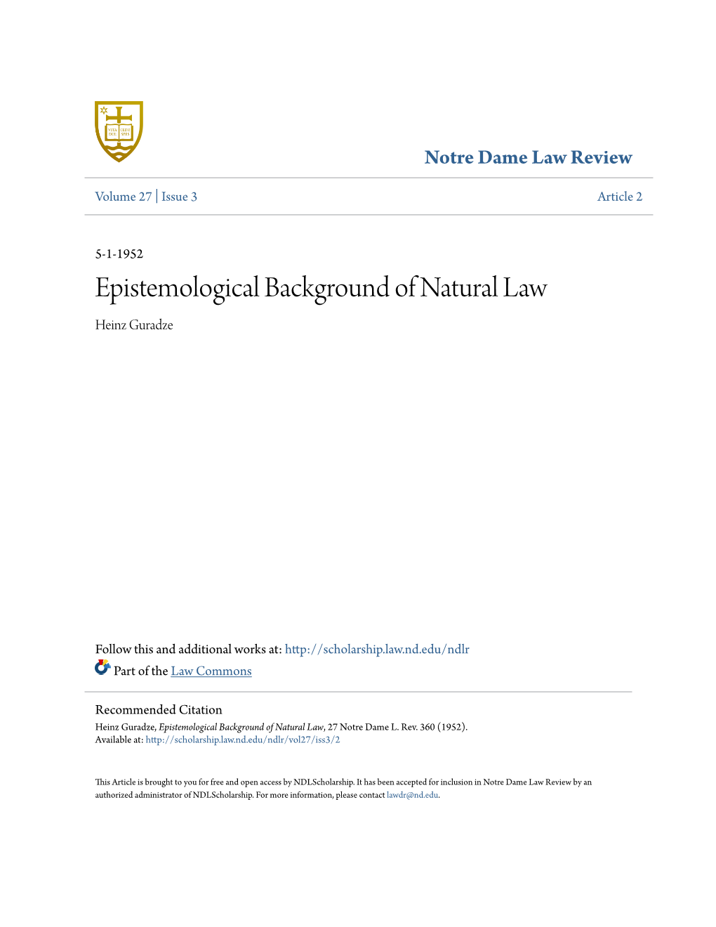 Epistemological Background of Natural Law Heinz Guradze