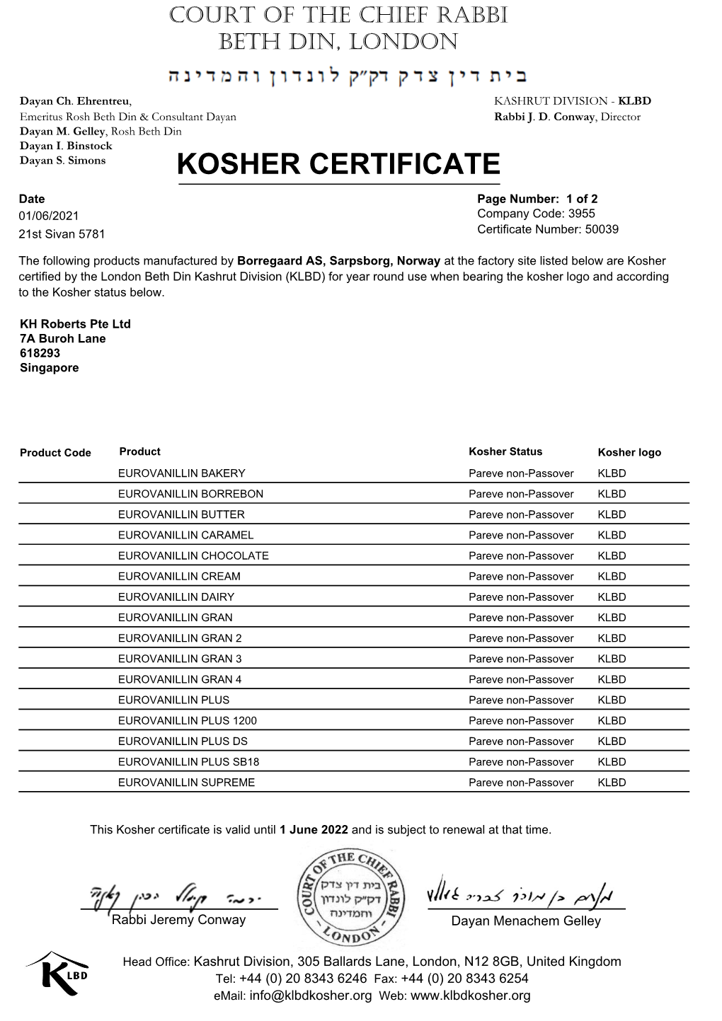 Kosher Certificate