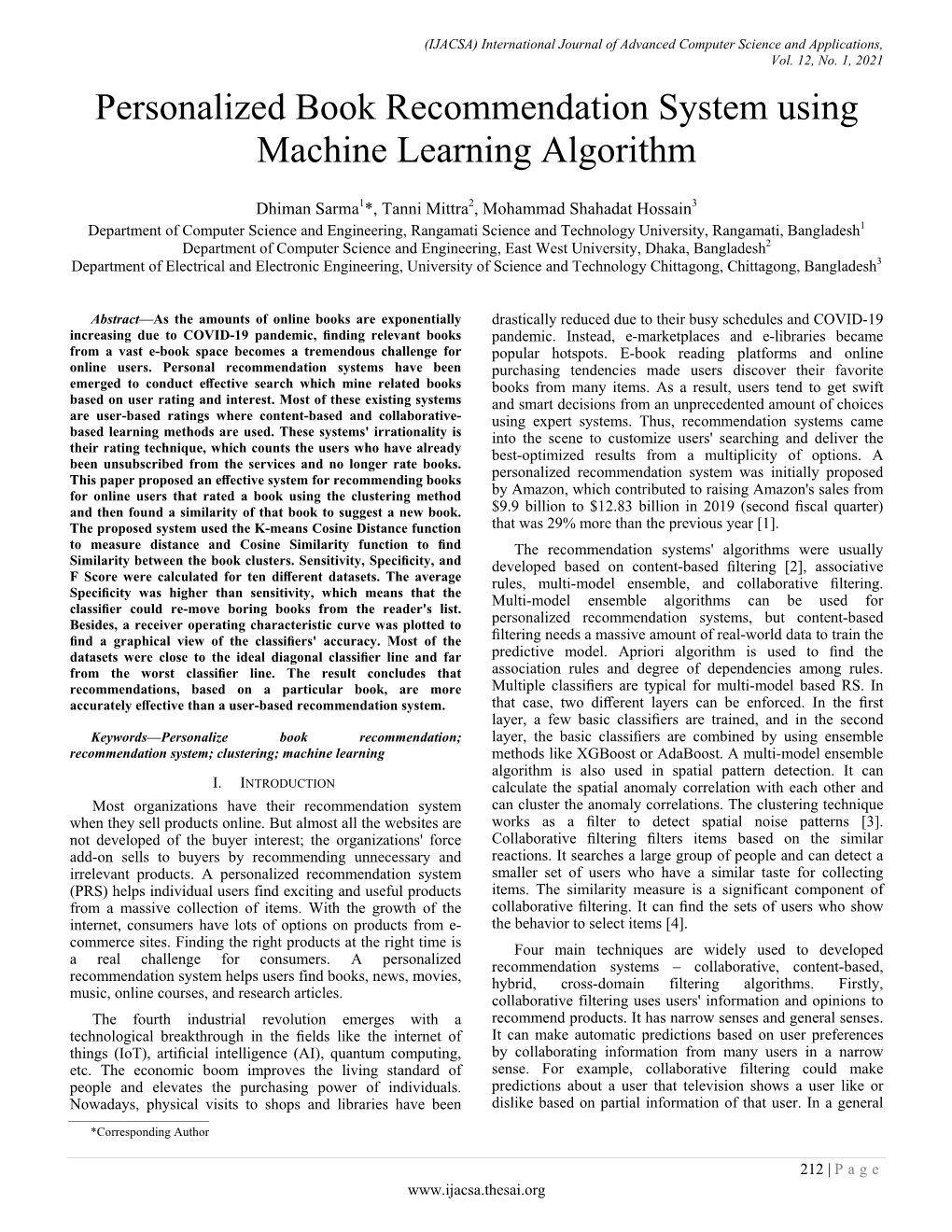 Personalized Book Recommendation System Using Machine Learning Algorithm