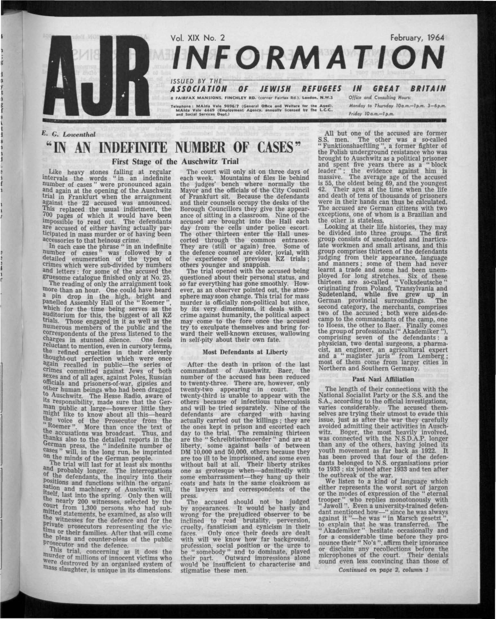 INFORMATION ISSUED by the ASSOCIATION of JEWISH REFUGEES in GREAT BRITAIN a FAIRFAX MANSIONS, FINCHLEY RD