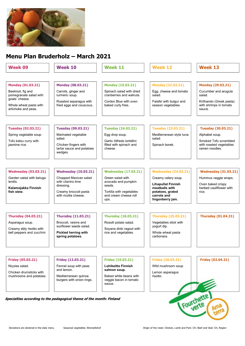 Menu Plan Bruderholz – March 2021