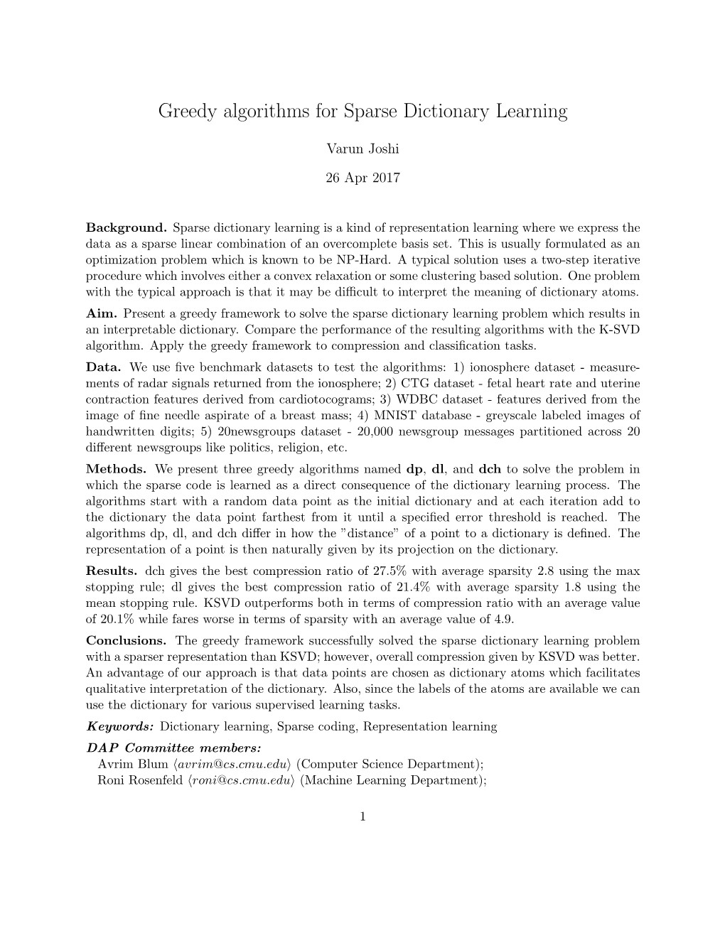 Greedy Algorithms for Sparse Dictionary Learning