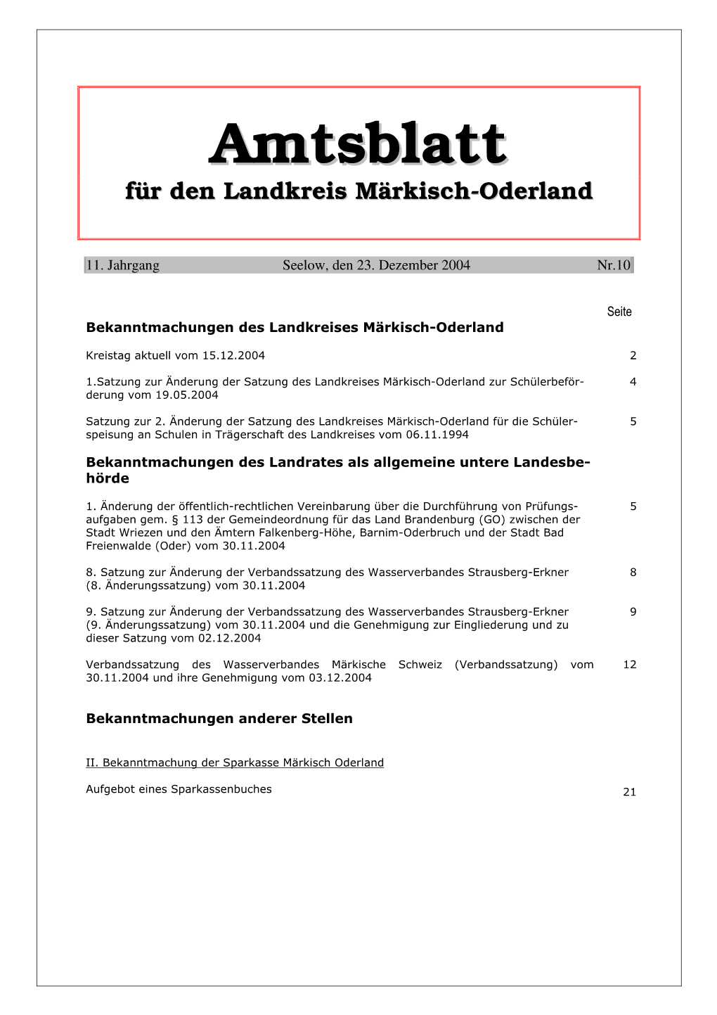 Amtsblatt Für Den Landkreis Märkisch-Oderland Nr